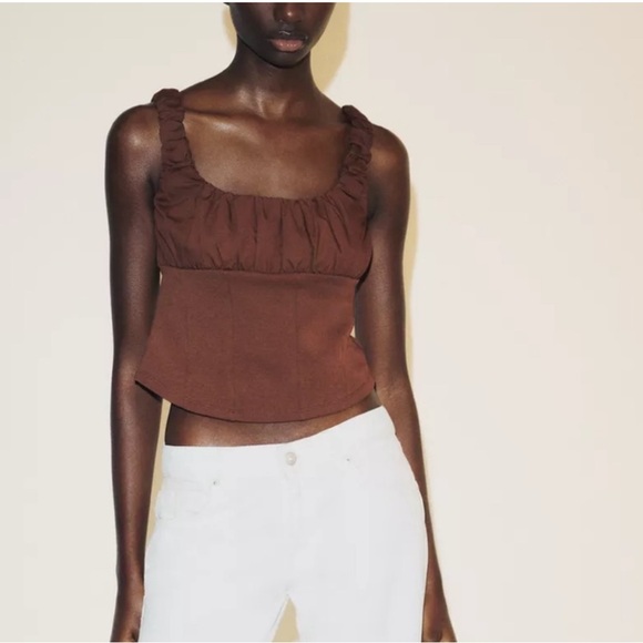 Zara Tops - NWT Zara Brown Mixed Interlock Poplin Ruched Crop Top
